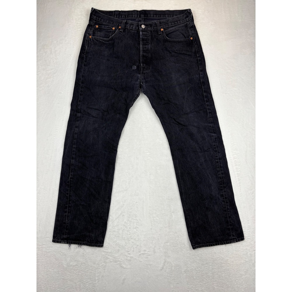 Levis 501 38x32 Mens Jeans Fuzzy Black Faded Denim Distressed Hems Vintage Style